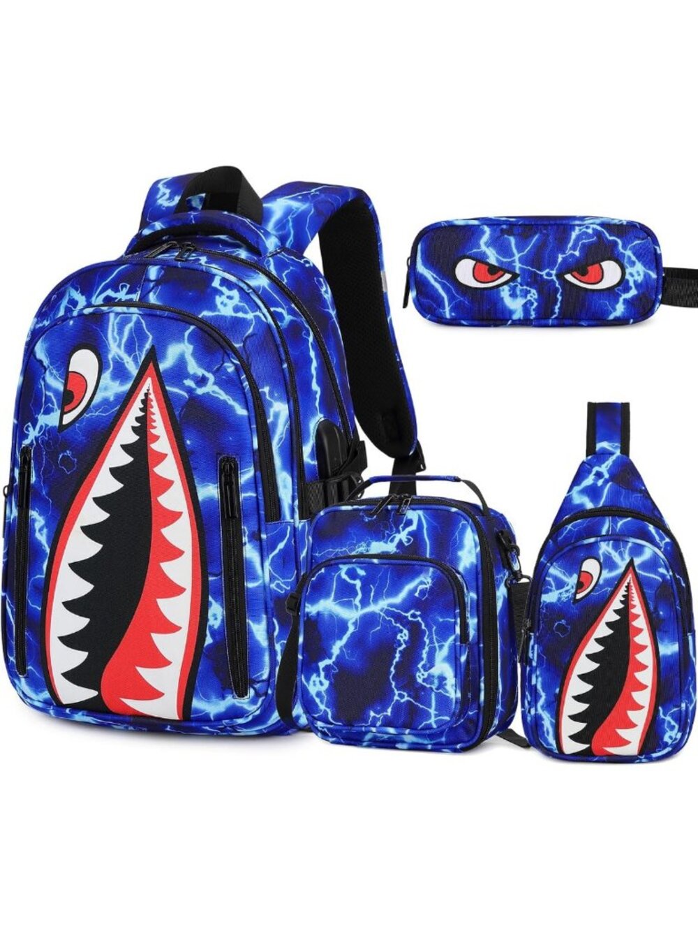 Cool Luminous Shark Backpack Set for Boys with Lunch Box - 4PCS Stylish School